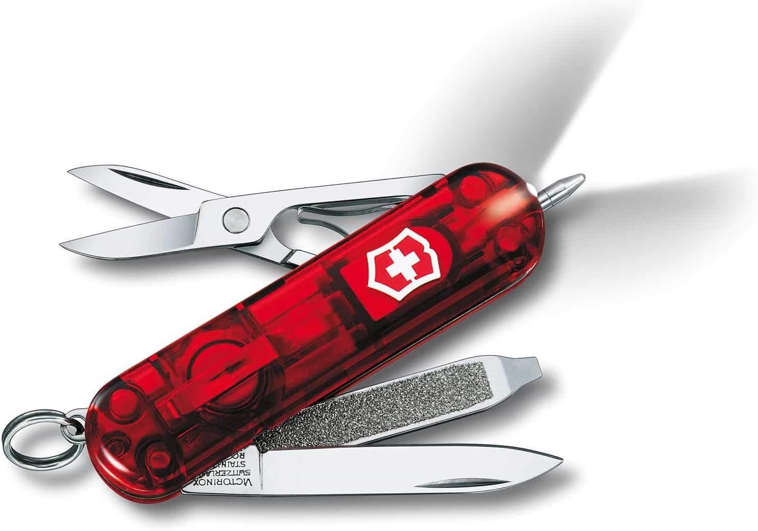 Victorinox Signature Lite en rojo trasparente y su luz encendida