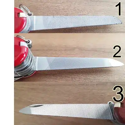 SIERRA PARA METALESMuchos usuarios de Victorinox desconocen que no solo es lima, también corta piezas de metal tan bien como lo hace una segueta. ​ 1. (1952 - 1975) Sierra para metales. ​ 2. (1975 - 2005) Sierra para metales con limpiauñas, hubo variaciones en el maquinado de la lima. ​ 3. (2005 - presente) Sierra para metales de acero inoxidable.